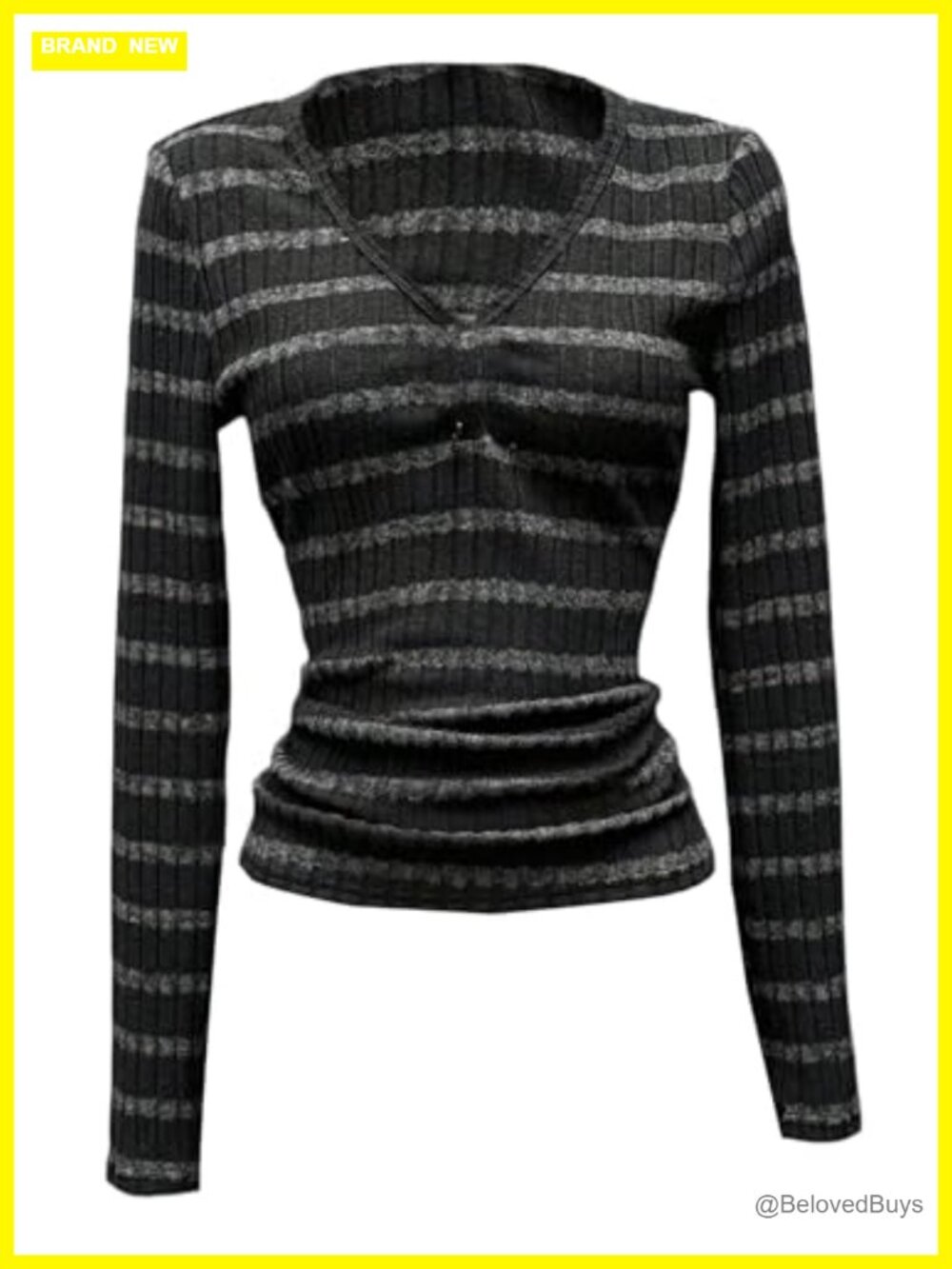 Women's Striped Slim Fit V Neck Long Sleeve Rib Knit T-Shirt